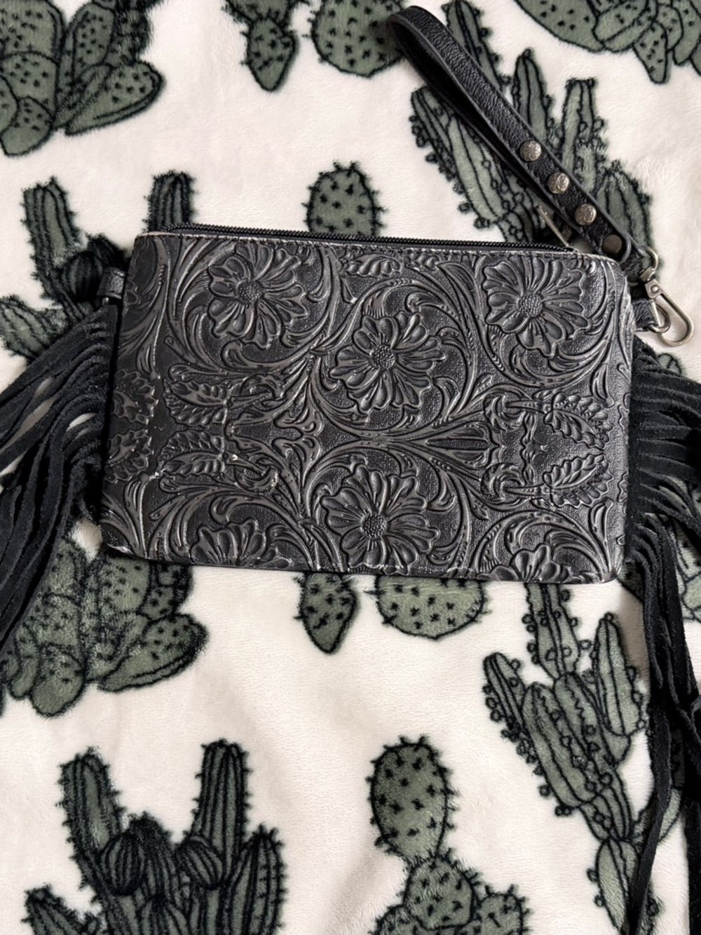 Montana West Black Floral Tooled Leather Wristlet with Fringe Accent